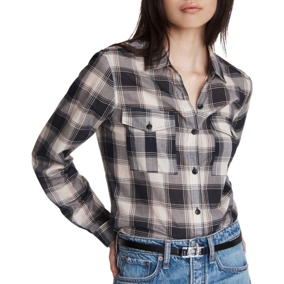 Rag and Bone Navy White Check Plaid Quinn Cropped Button Down Shirt EUC Size XXS - Picture 1 of 11